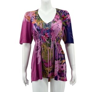 One World Top Womens Medium Pink Floral Butterfly Embellished Tunic Y2k Romantic